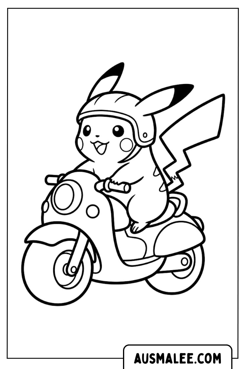 Kleurplaat Pikachu op motor