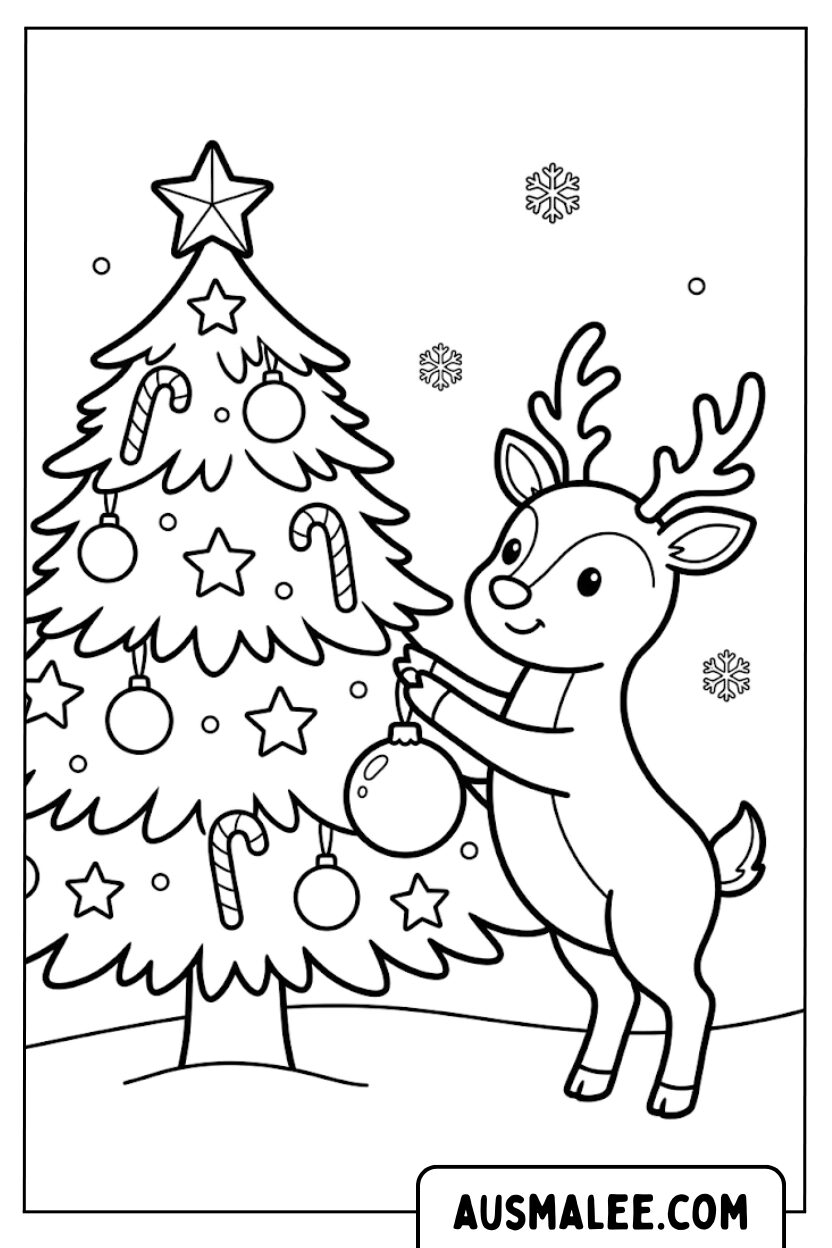 Reindeer Decorates Tree Coloring Pages