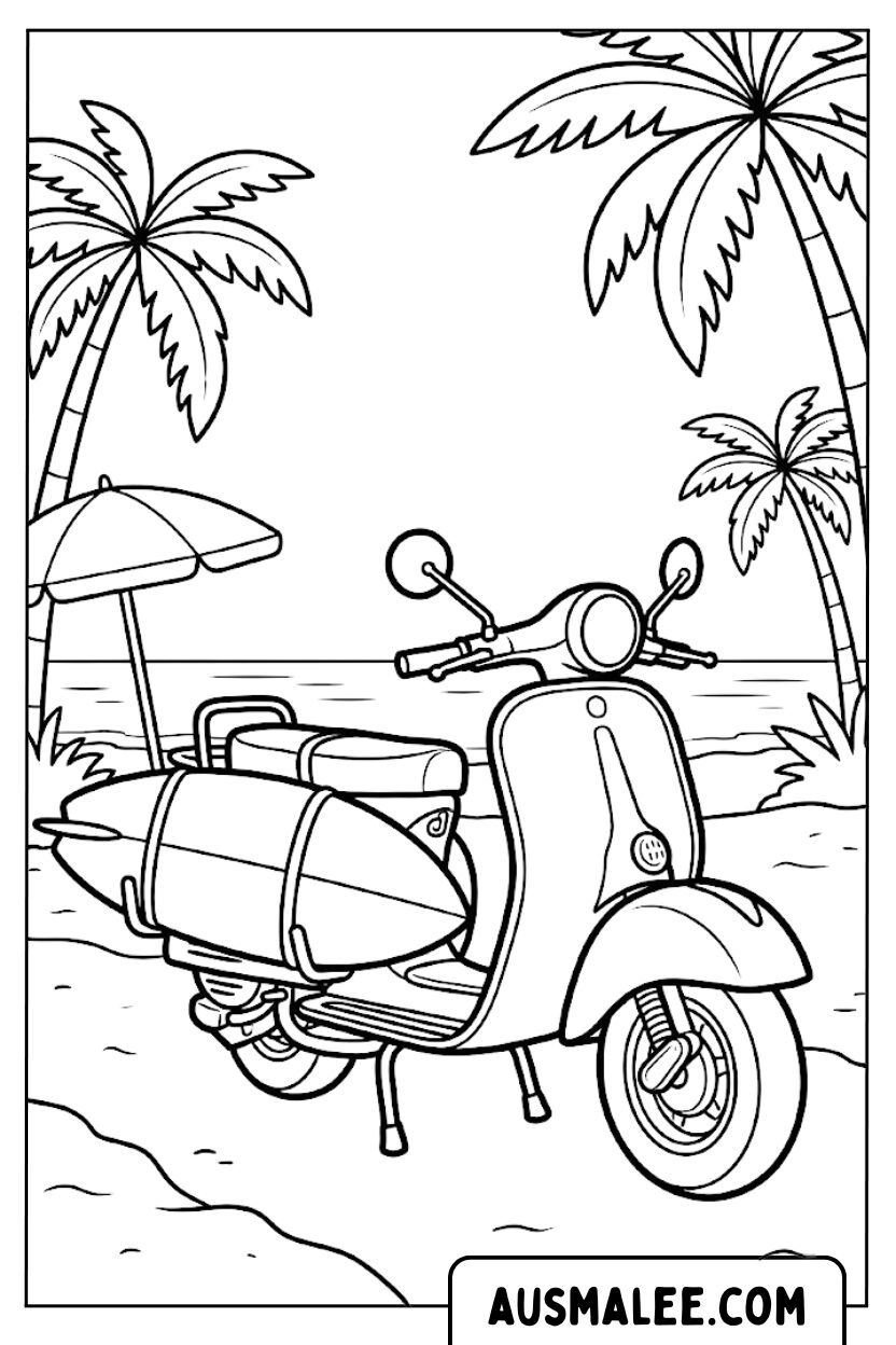 Kleurplaat scooter op het strand