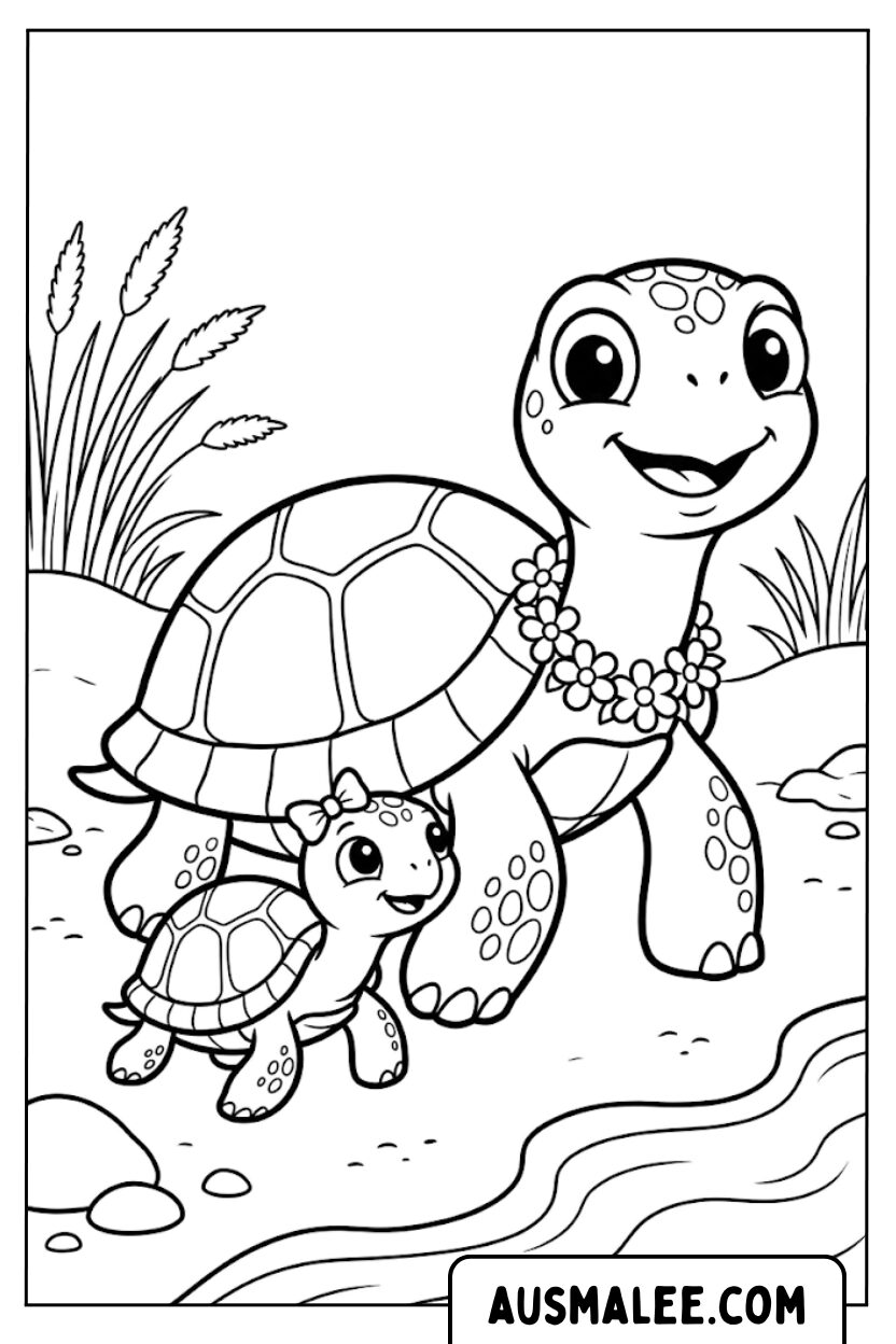 Kleurplaten schildpad moeder en kind