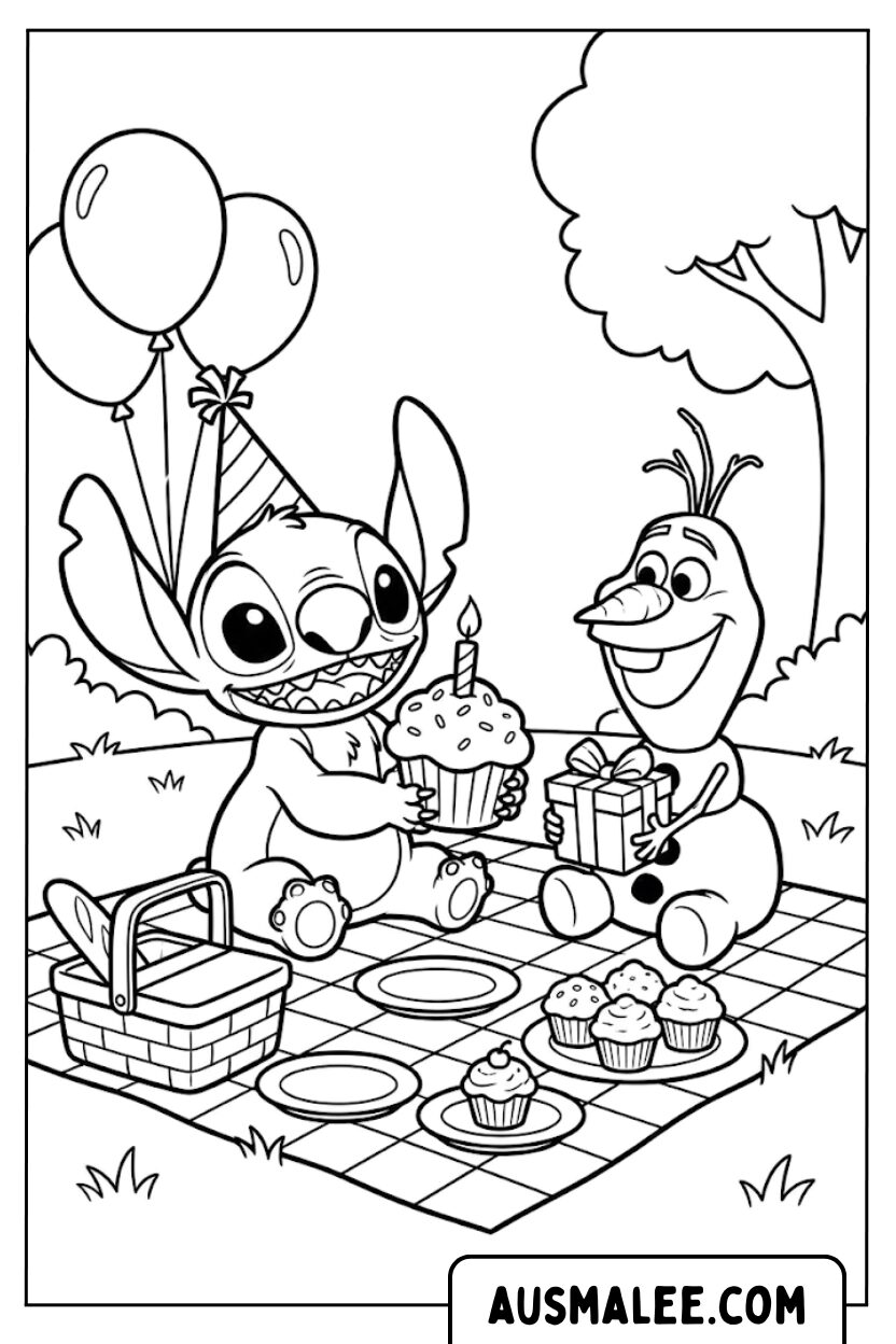 Coloriages Stitch Olaf pique-nique