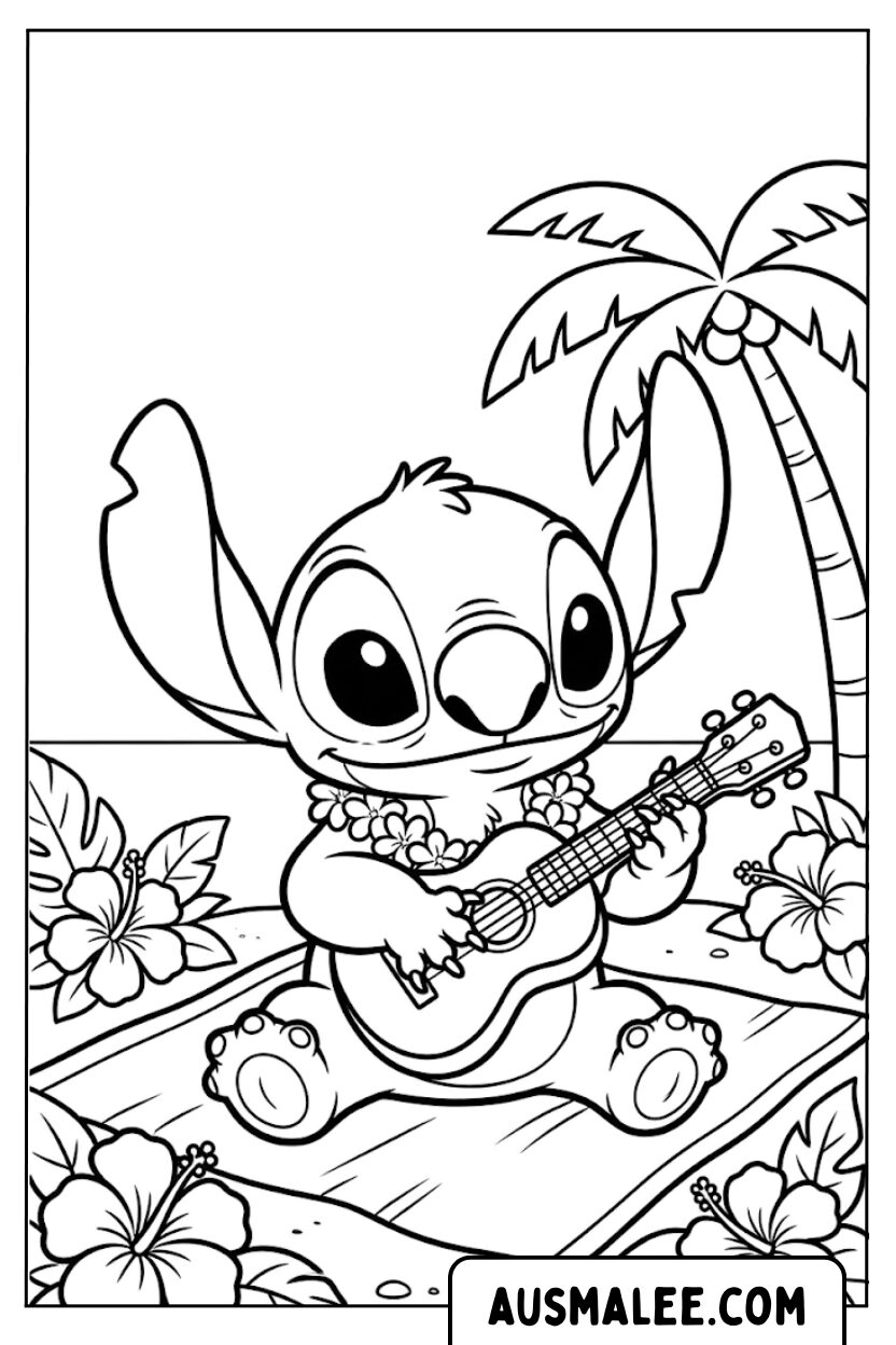 Stitch Beach Ukulele Palm Tree Coloring Pages