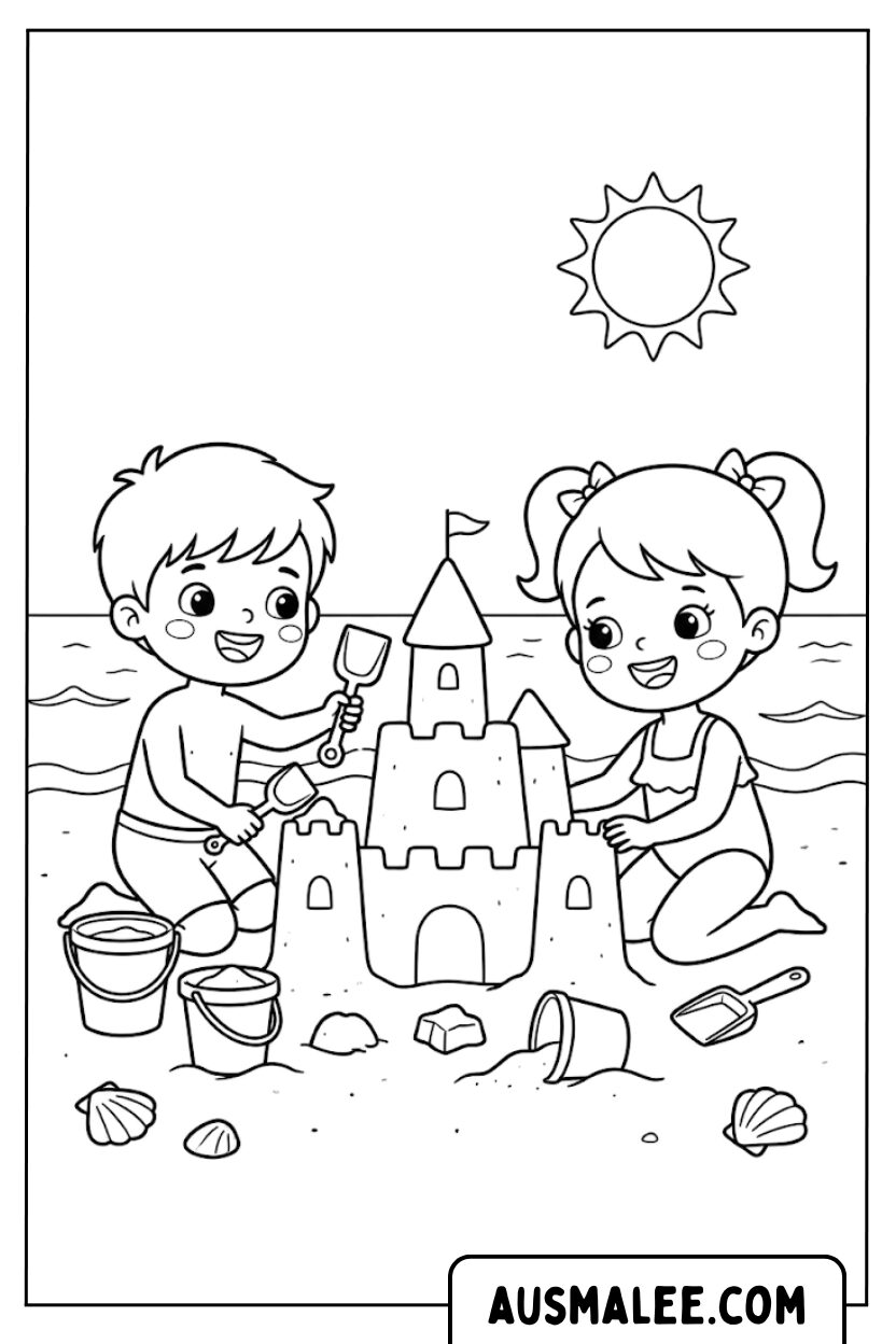 Coloriages pour construire un château de sable sur la plage