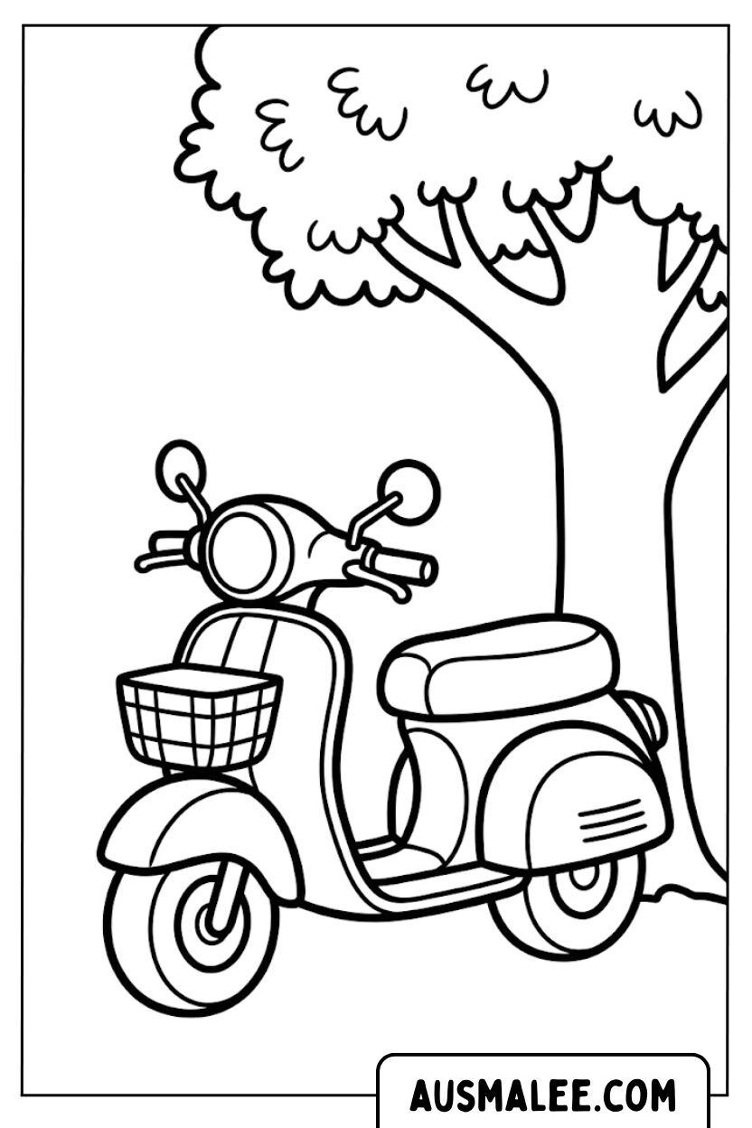 Kleurplaat Vespa scooter onder boom