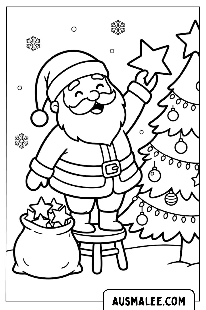 Coloring pages Santa Claus tree star
