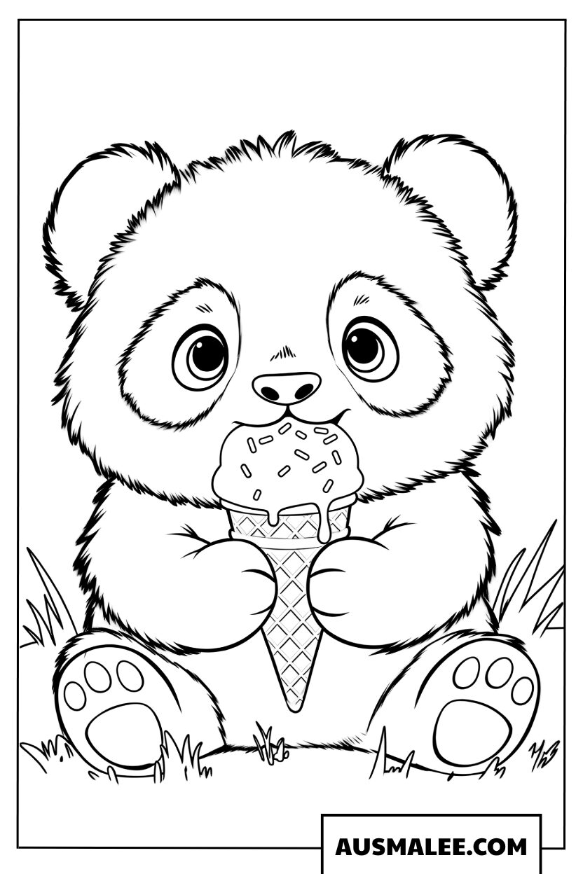 Coloriage d'un ours panda mangeant une glace