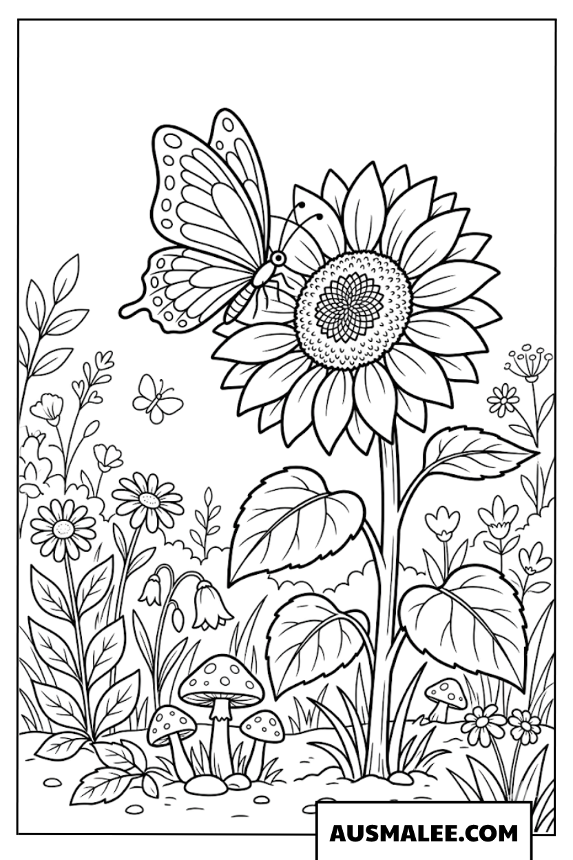 Kleurplaat Vlinder op een zonnebloem