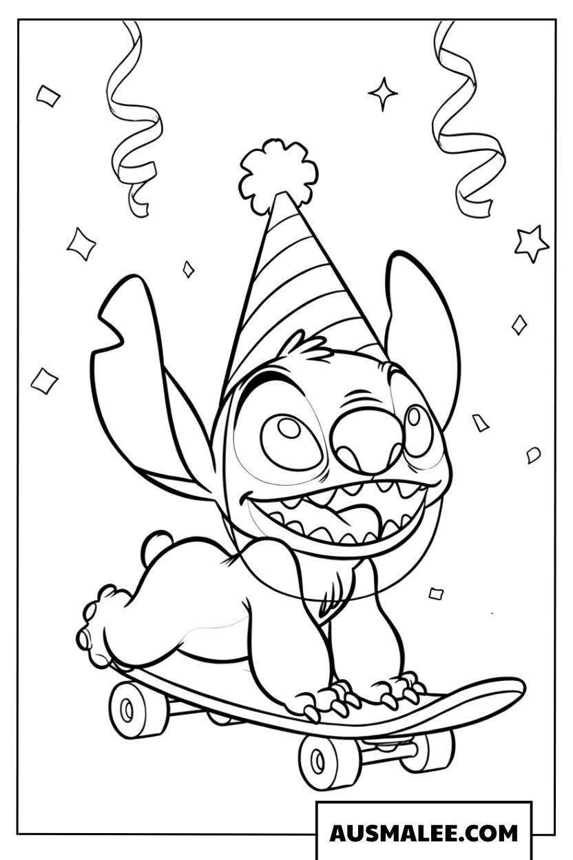 Coloriage Stitch sur un skateboard