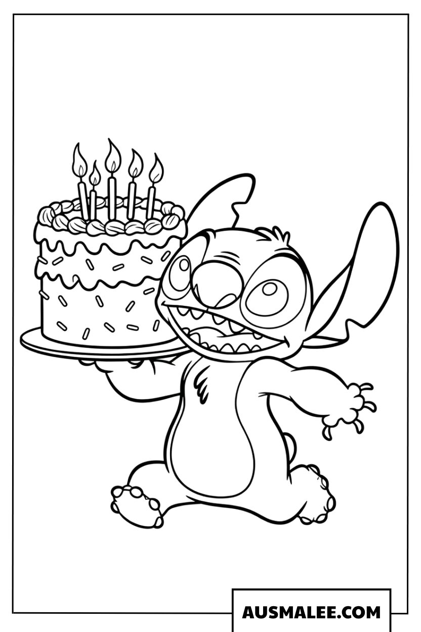 Coloriage Stitch avec gâteau d'anniversaire