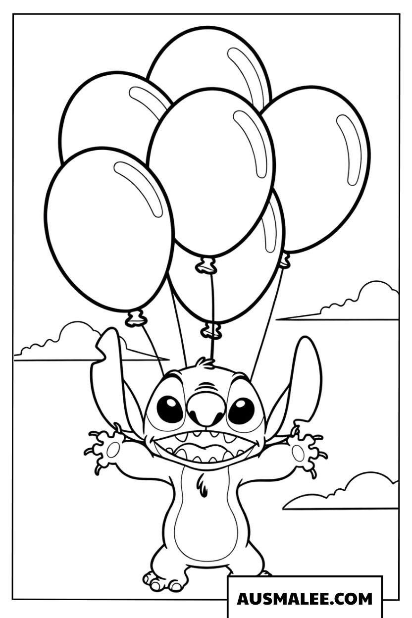 Coloriage Stitch avec des ballons