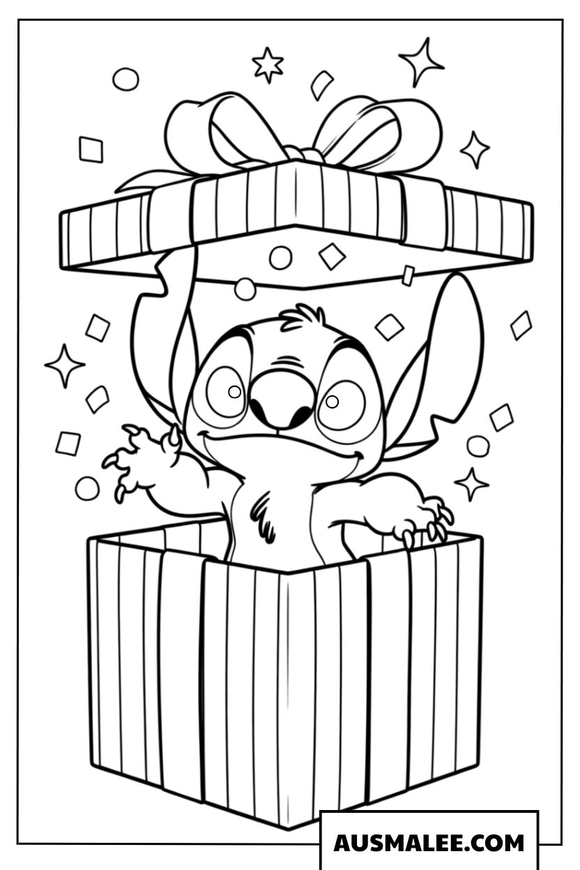 Coloriage Stitch sortant d'un cadeau