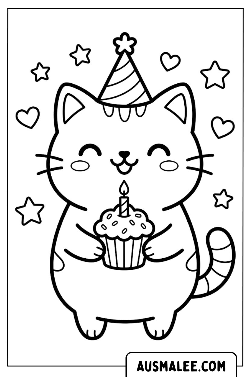 Coloriages d'anniversaire de chat mignon