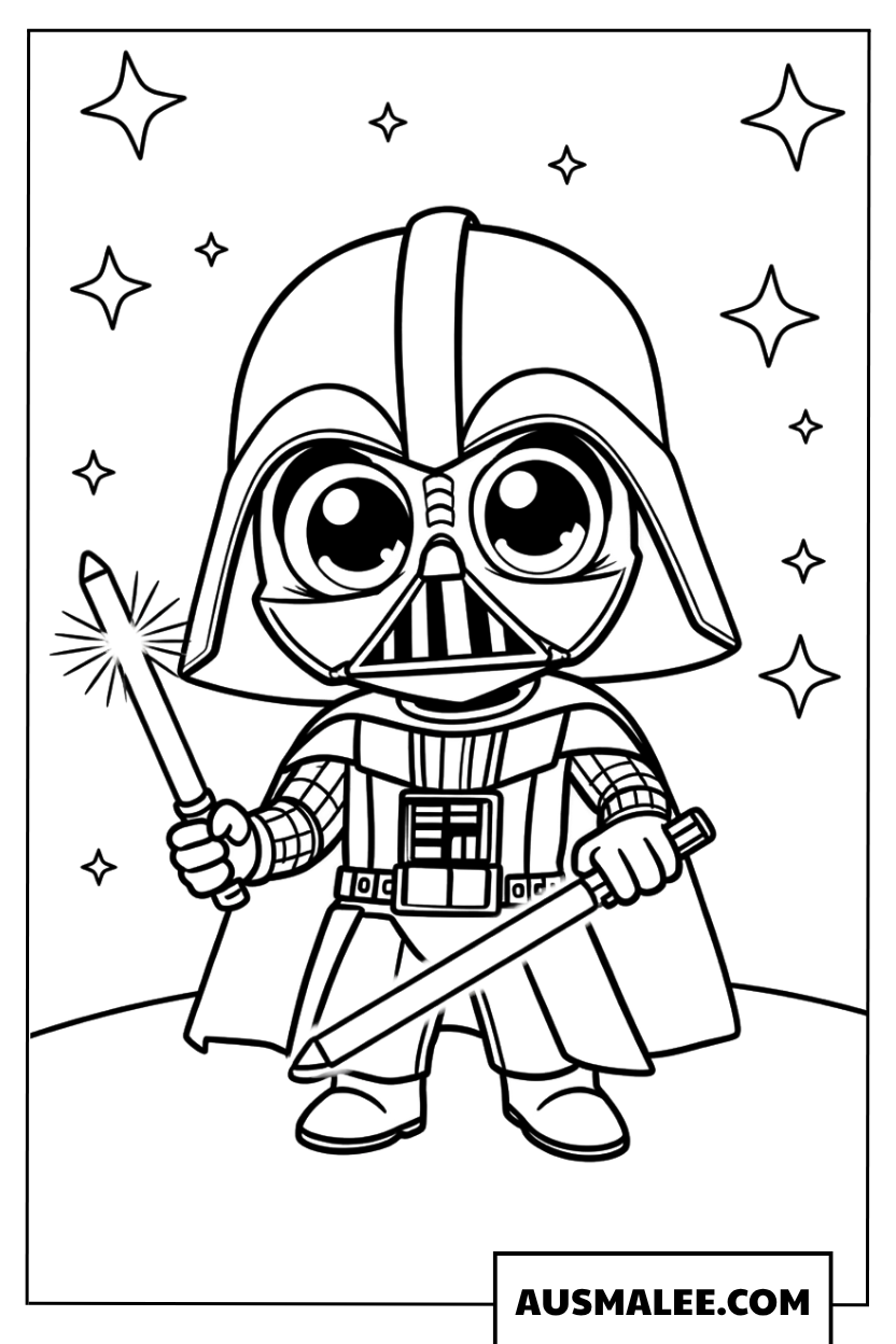 Schattige Darth Vader onder de sterren kleurplaat