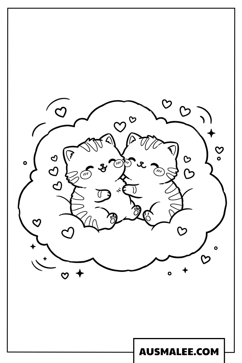 Coloriage de deux chatons dans un nuage en forme de cœur