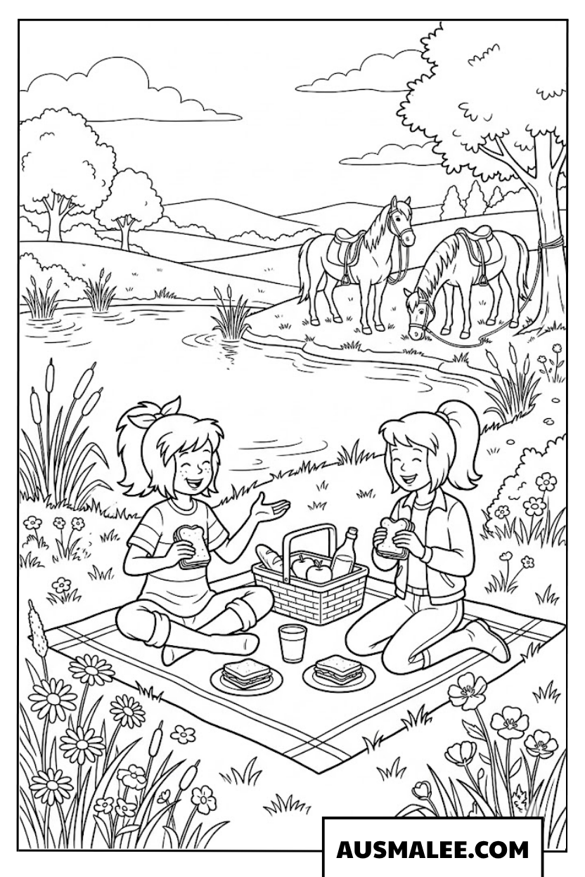 Coloriage Bibi und Tina pique-niquent au bord du lac.