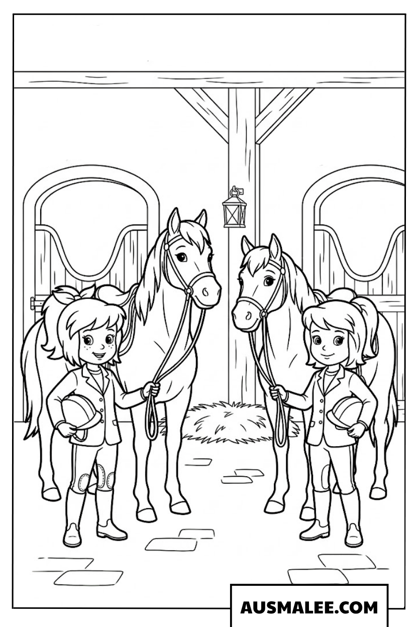 Coloriage Bibi und Tina prêtes pour l'équitation.