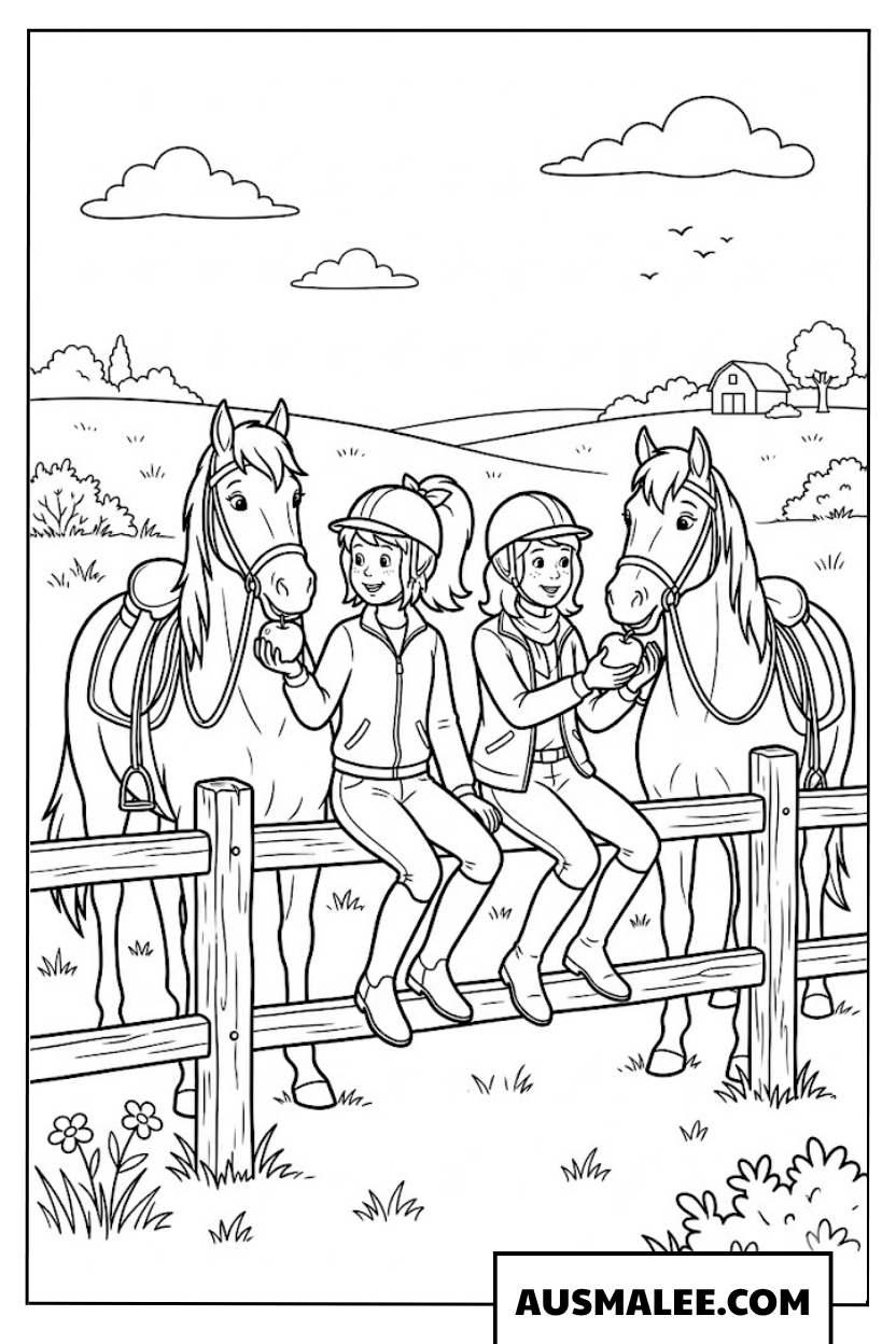 Coloriage Bibi und Tina se détendent sur une clôture en bois.