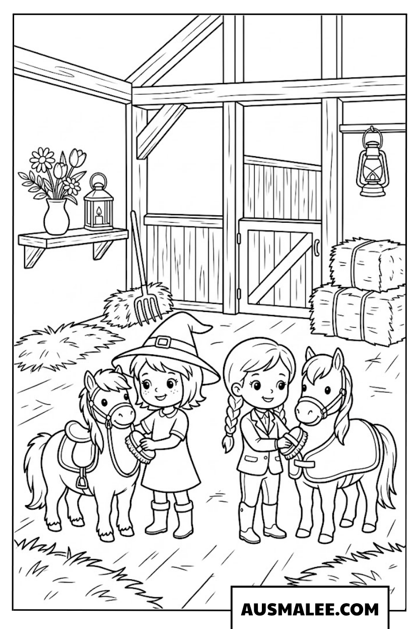 Coloriage Bibi und Tina soignent les chevaux dans l'écurie.