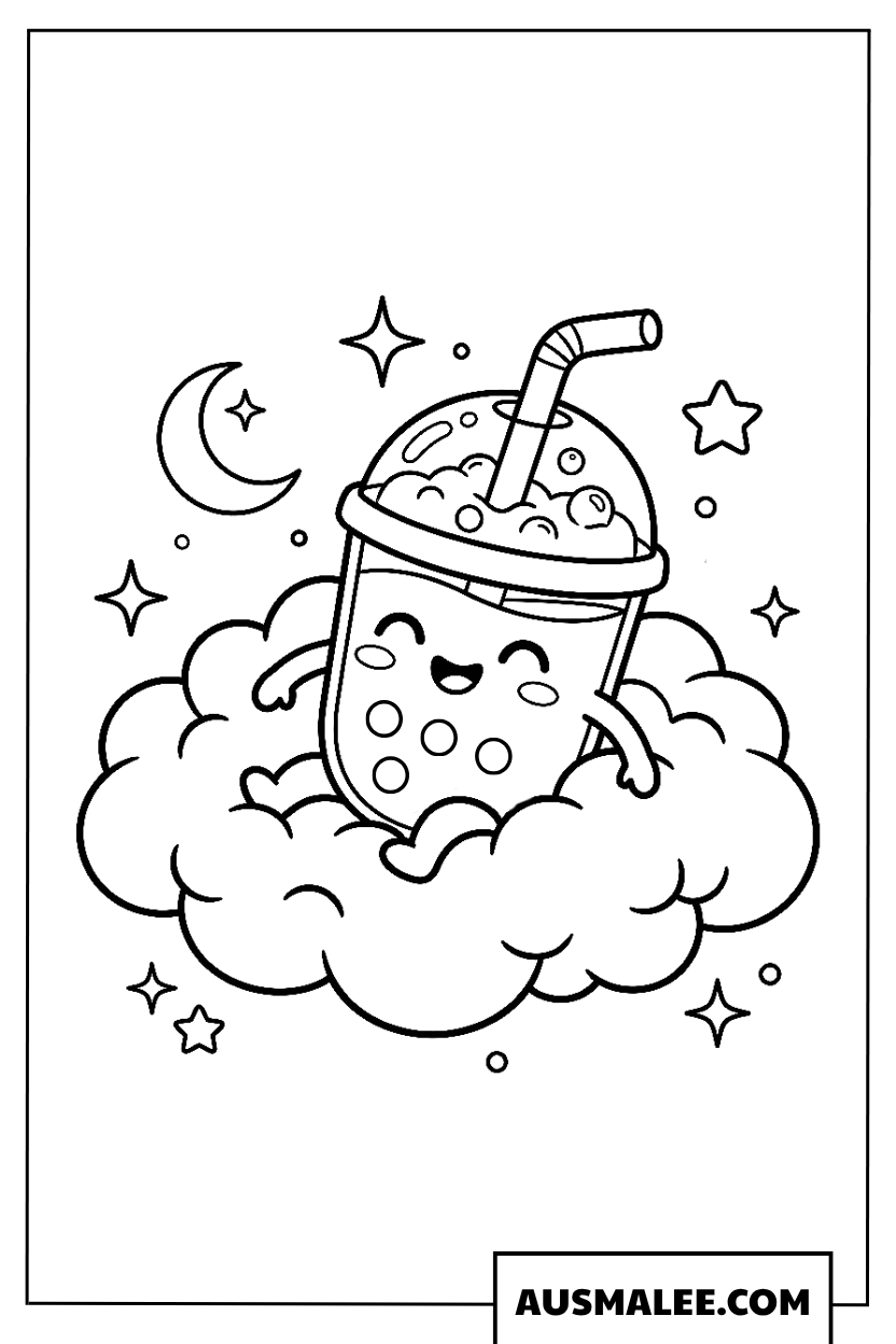 Kleurplaat Bubble tea beker op een wolk.