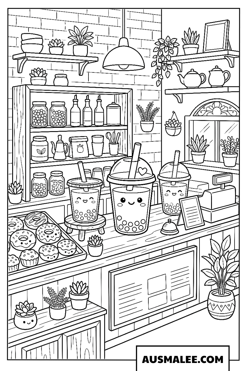 Kleurplaat Bubble tea winkel.