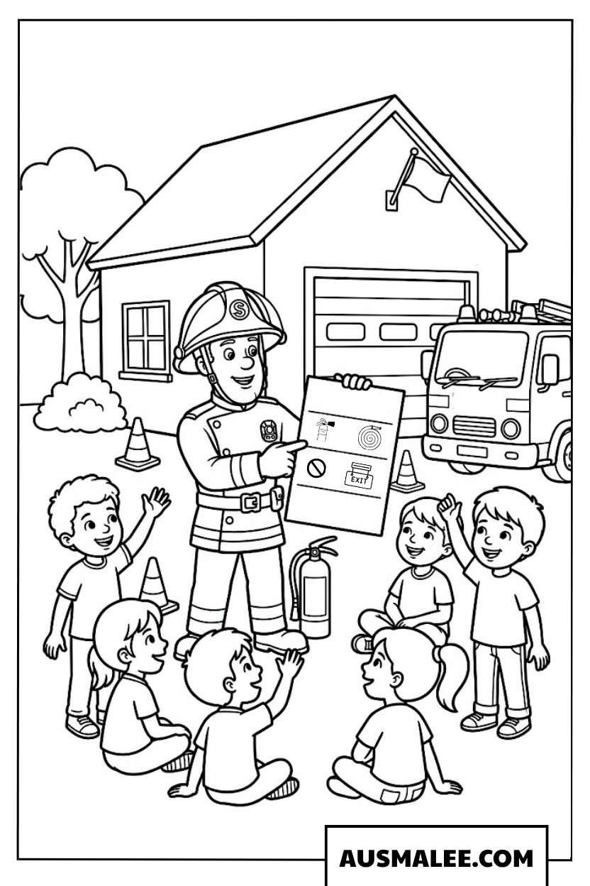Ausmalbild Feuerwehrmann Sam lehrt Brandschutz.