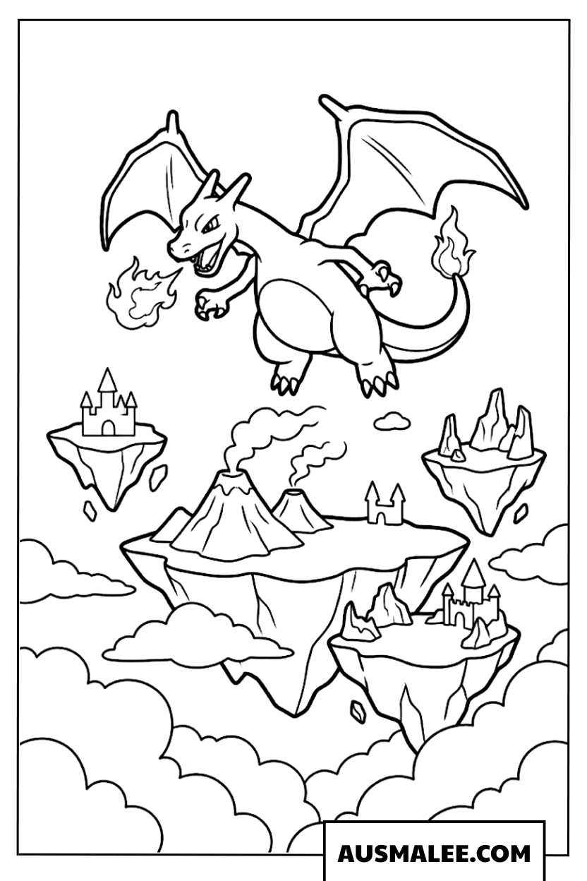 Charizard coloring page flying above floating islands