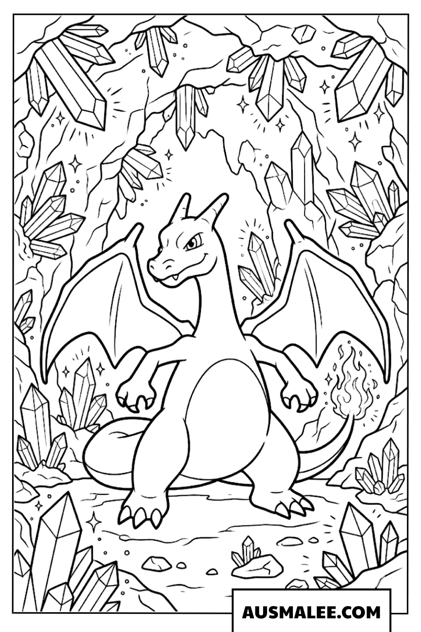Charizard coloring page in a diamond cave
