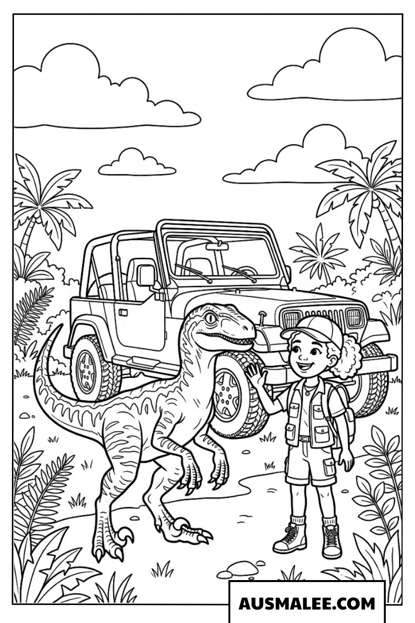 Kleurplaat Jurassic World expeditievoertuig en Raptor.