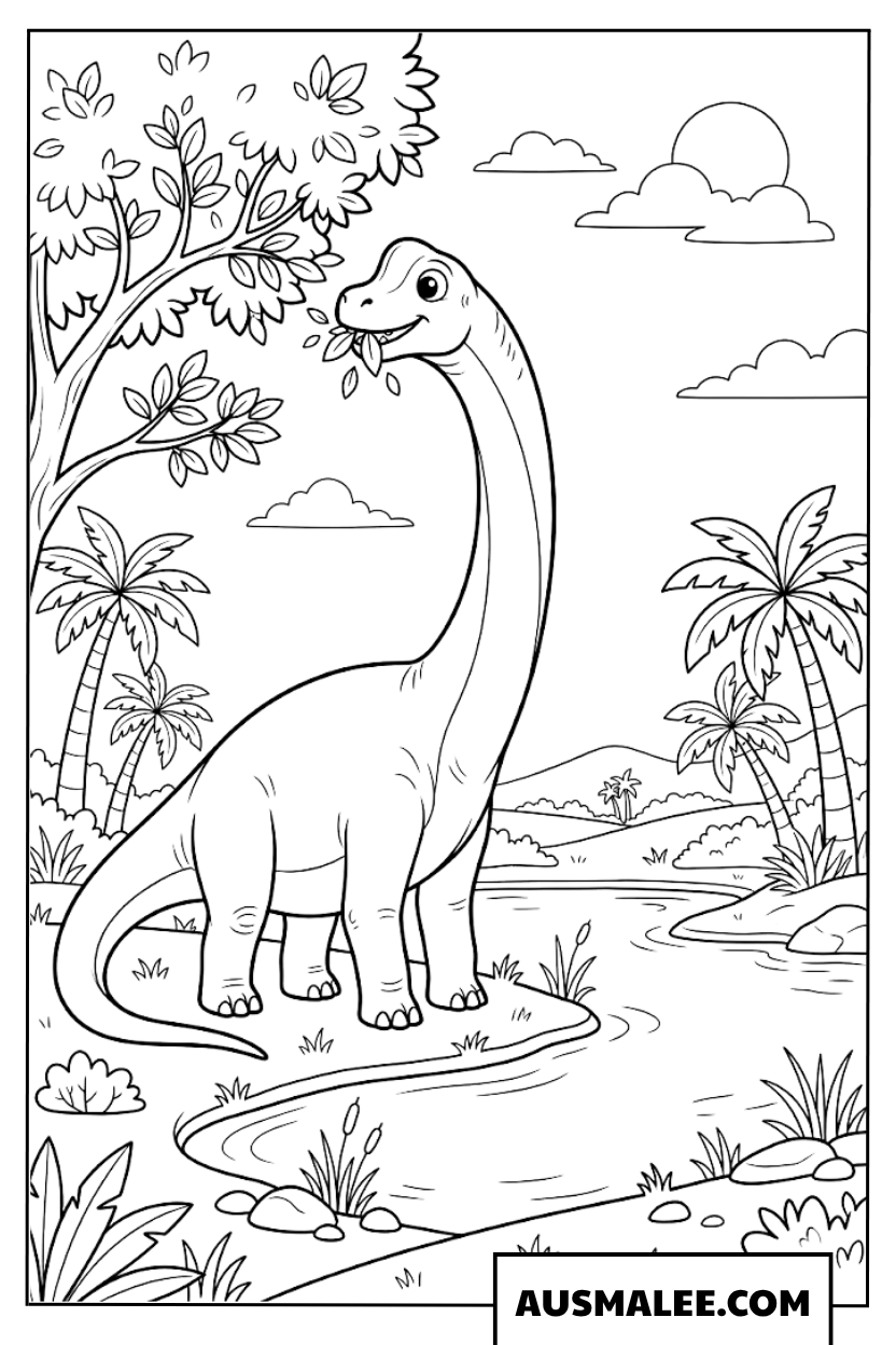Kleurplaat Jurassic World langnekdinosaurus bij de beek.