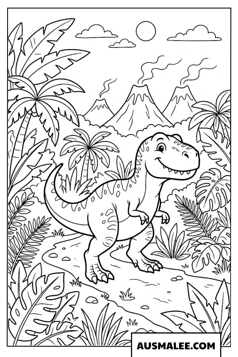 Kleurplaat Jurassic World T-Rex dinosaurus en vulkanen.