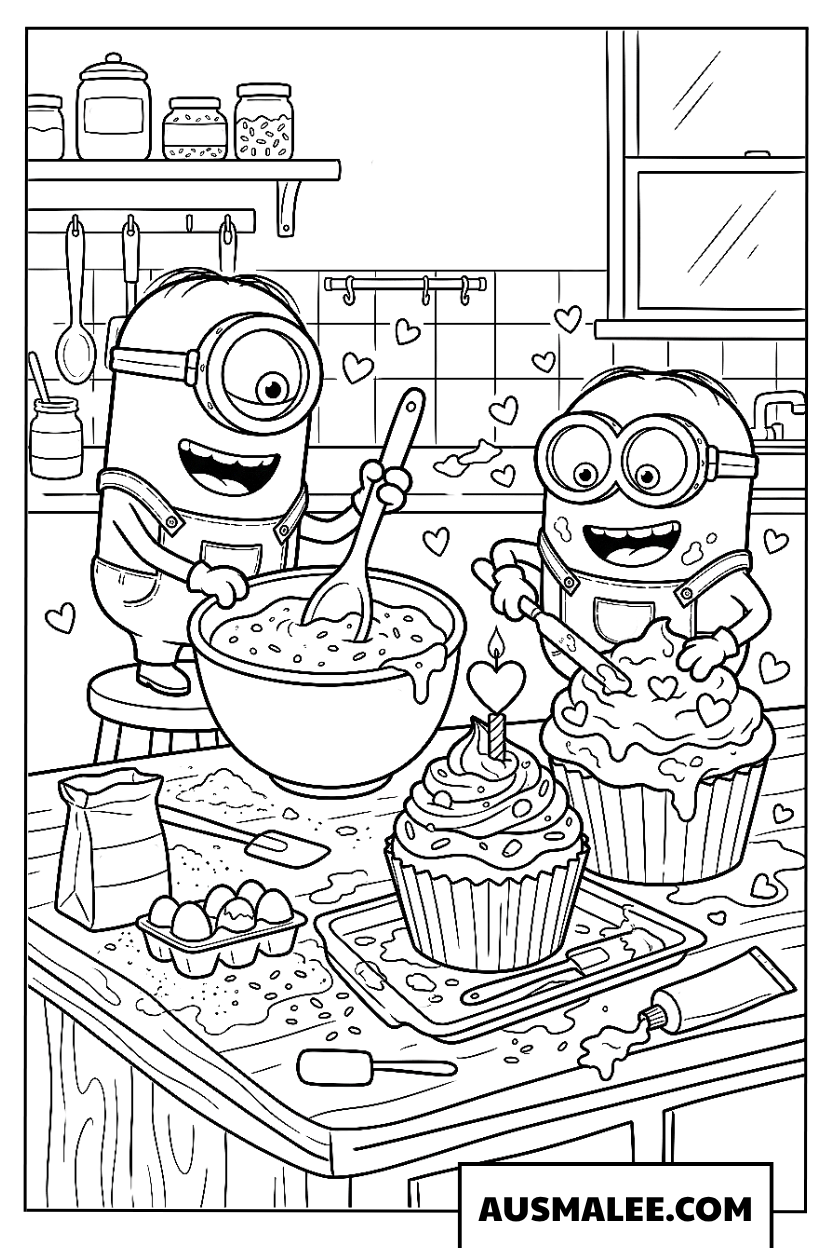 Coloriage Les Minions cuisinent dans la cuisine.