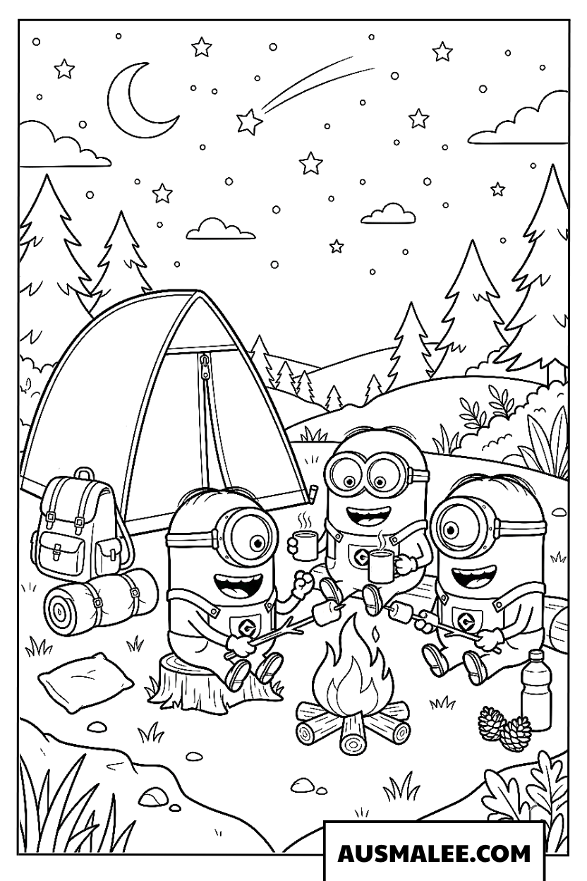Coloriage Les Minions campent la nuit.