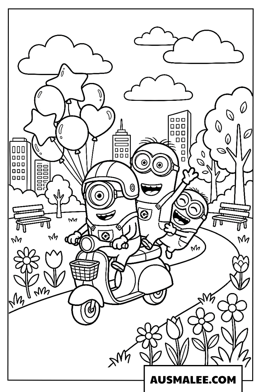 Coloriage Les Minions font du scooter.