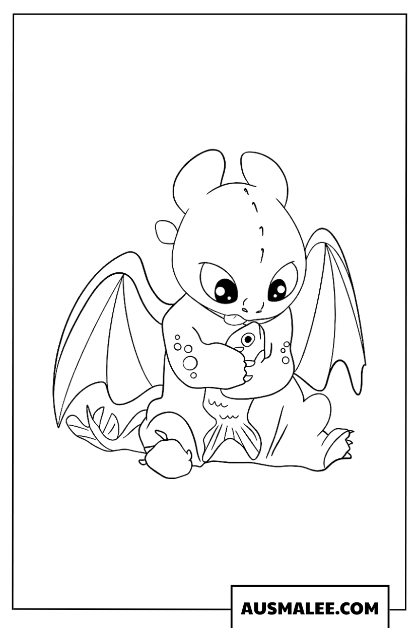 Coloriage Krokmou mange un poisson.