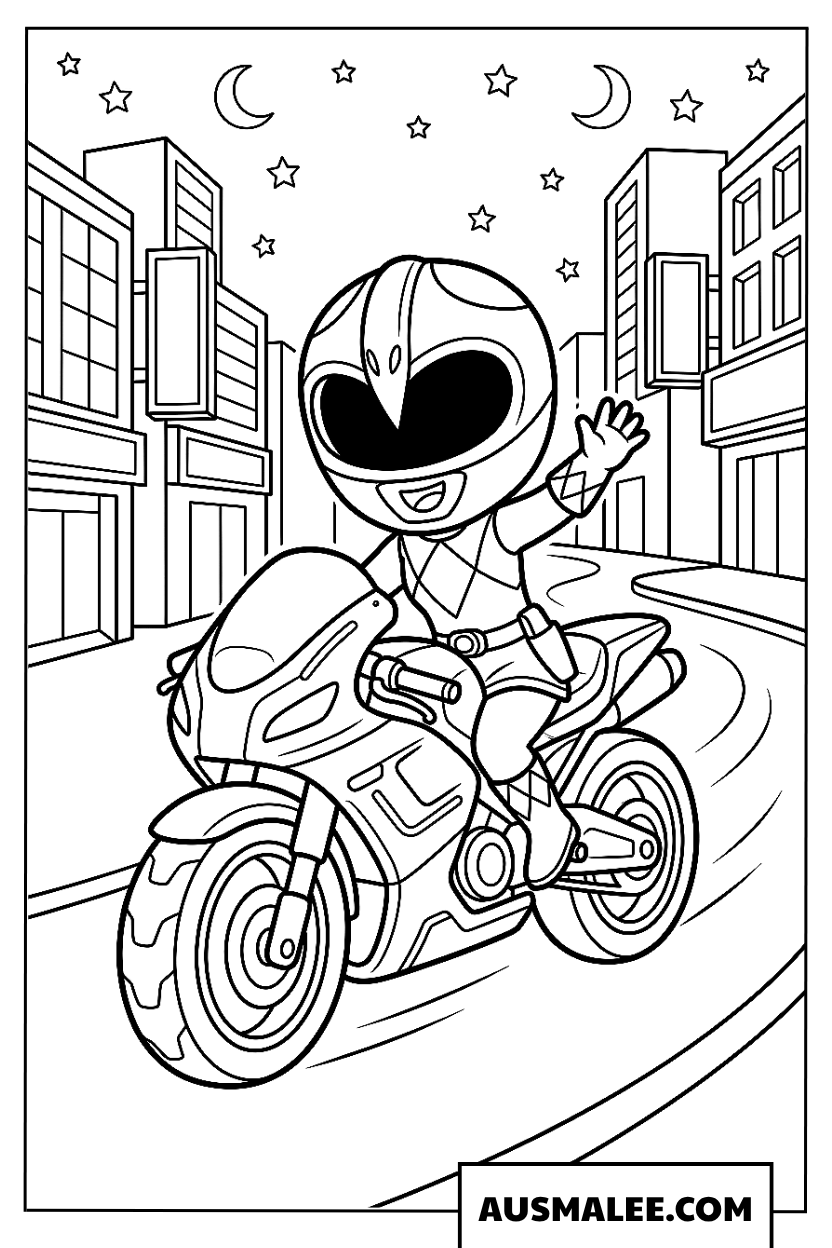 Kleurplaat Power Ranger rijdt op een grote motor.