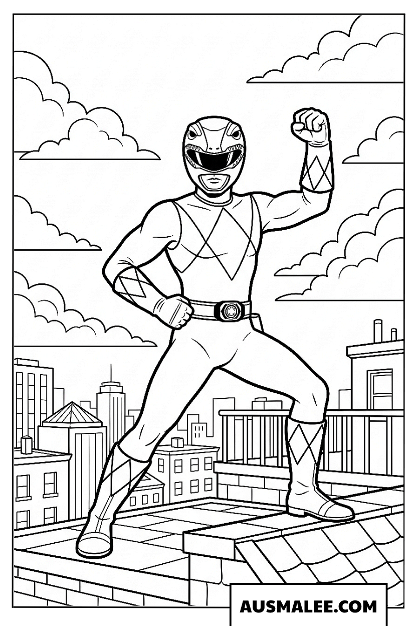 Kleurplaat Power Ranger staat op een dak.