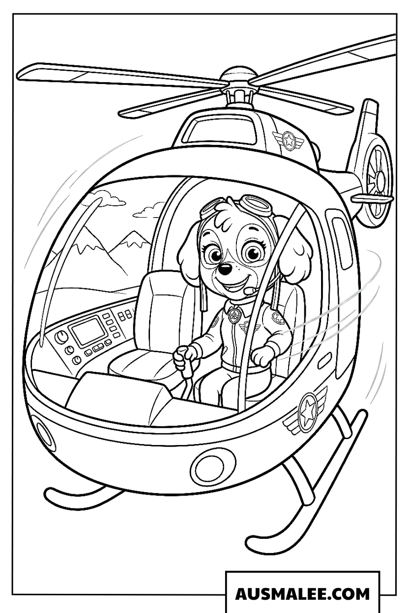 Kleurplaat Skye vliegt in een helikopter.