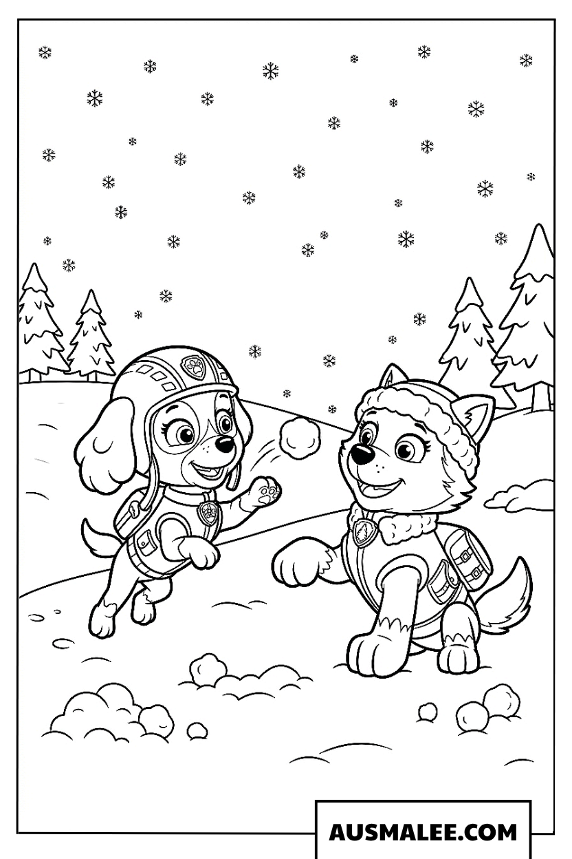Kleurplaat Skye and Everest spelen in de sneeuw.