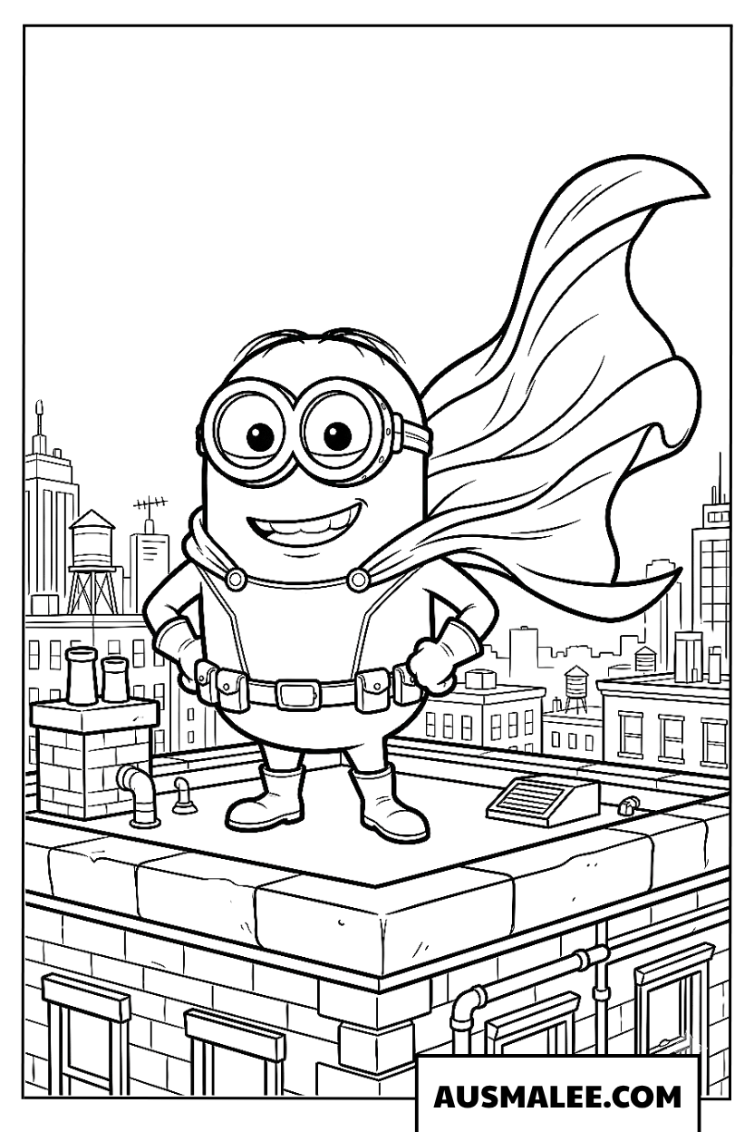 Coloriage Minion super-héros sur le toit.