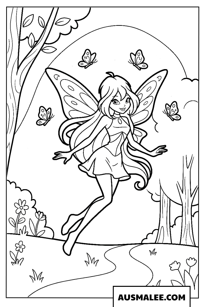 Kleurplaat Winx-fee vliegt in het bos.