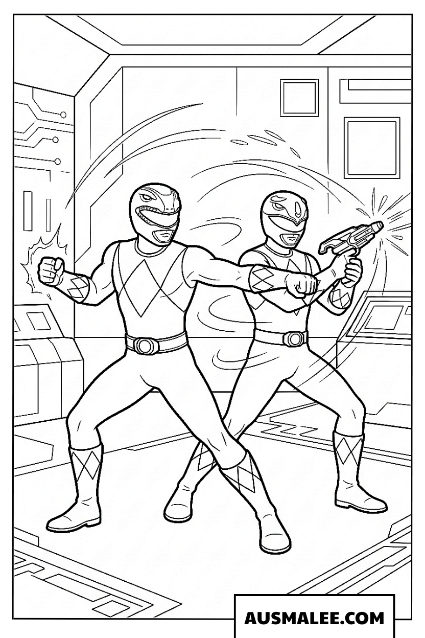 Kleurplaat Twee Power Rangers in de controlekamer.