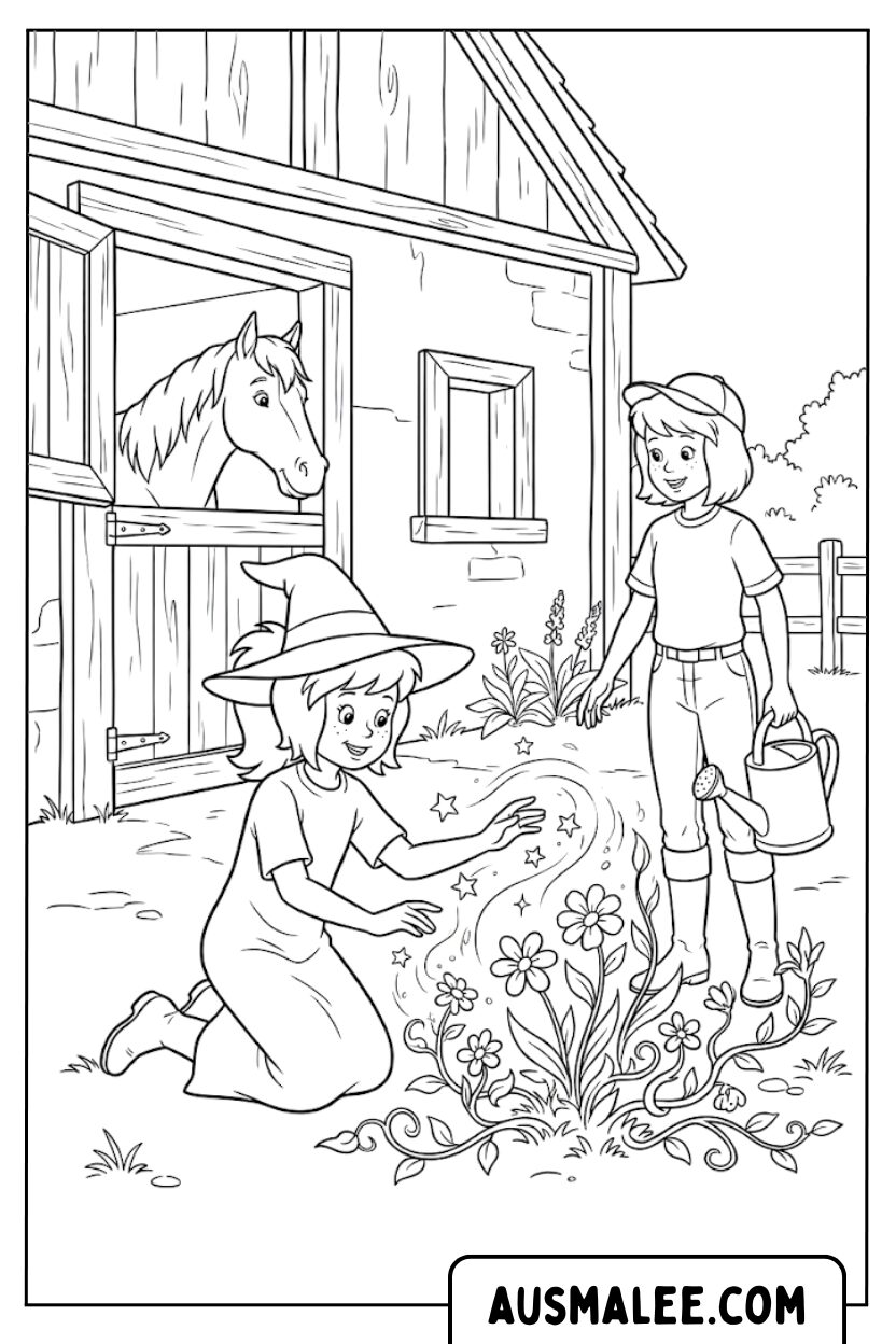 Coloriages Bibi fait de la magie à l'écurie