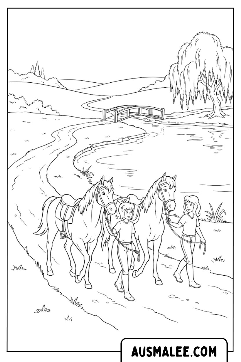 Coloriages Bibi et Tina au bord de la rivière