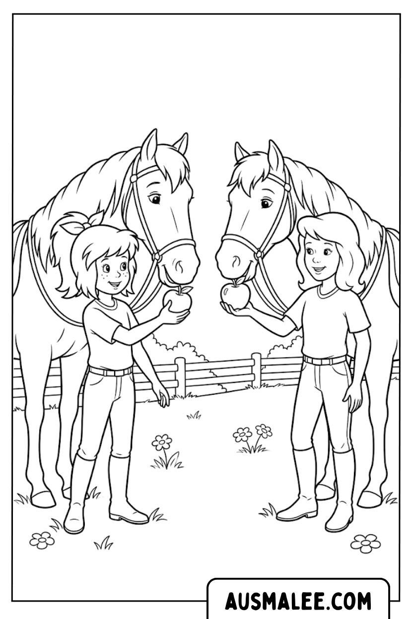 Coloriages Bibi et Tina nourrissent les chevaux