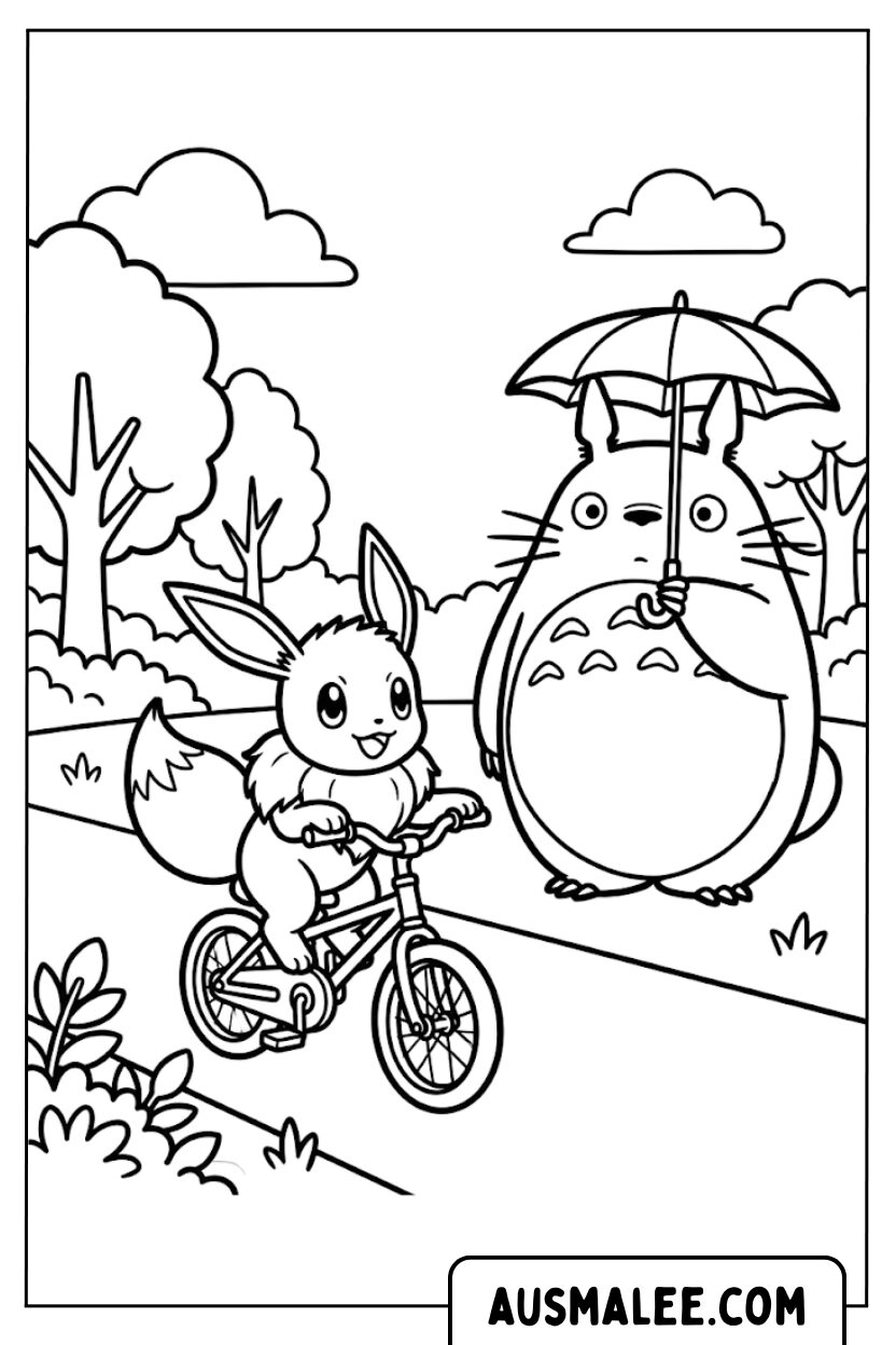 Coloriages Évoli vélo avec Totoro