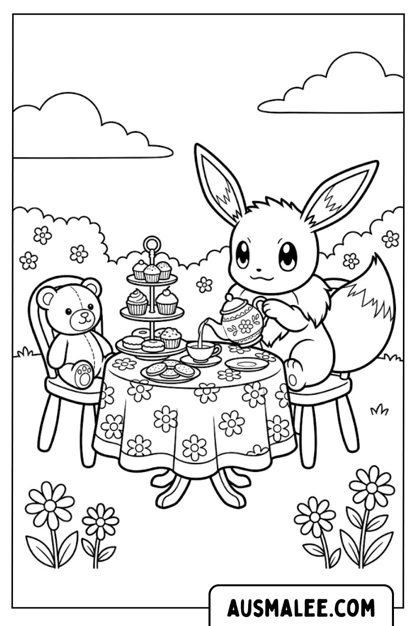 Coloriages Fête de thé Évoli avec ours en peluche