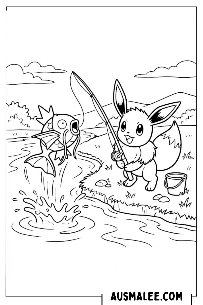Coloriages Magikarpe en train de pêcher Évoli