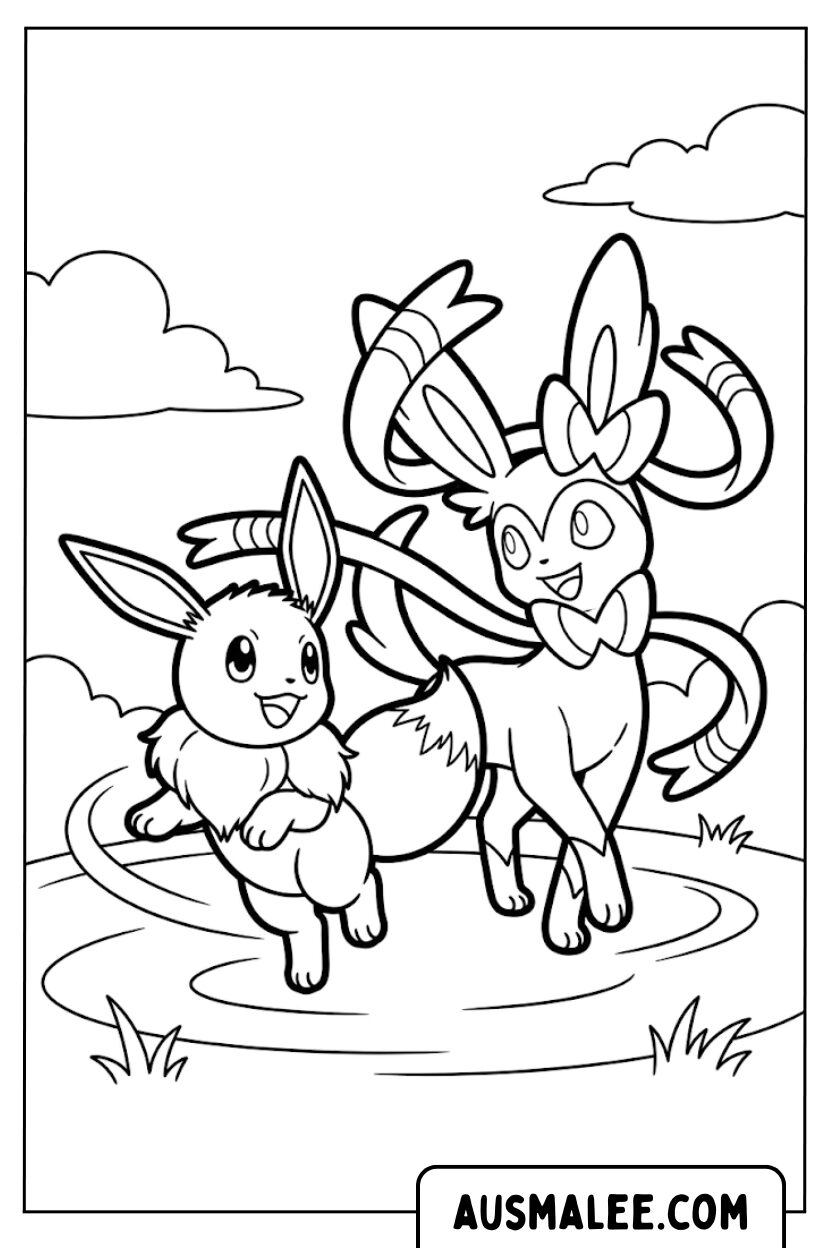 Coloriages Évoli et Feelinara sur un pré