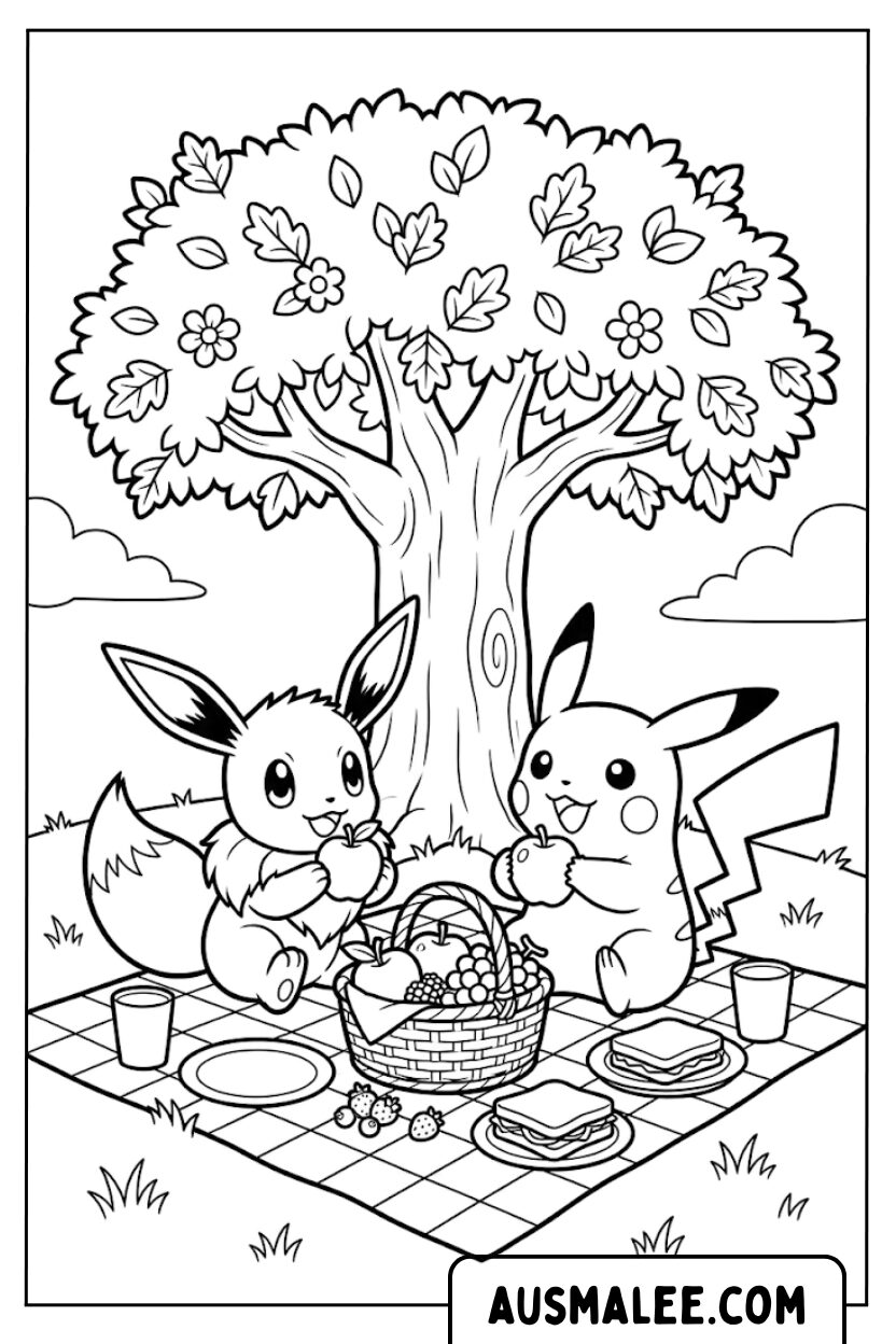 Coloriages Pique-nique Évoli et Pikachu