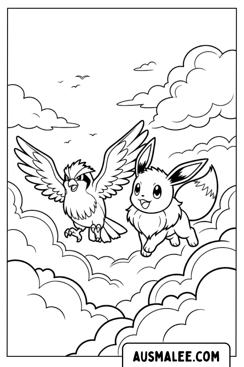 Coloriages Évoli et Taubsi au paradis